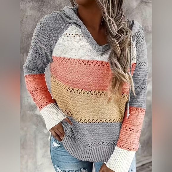 Sweaters - Sweater Long Sleeved Acrylic Color Block gray/peach/yellow/white Lightweight